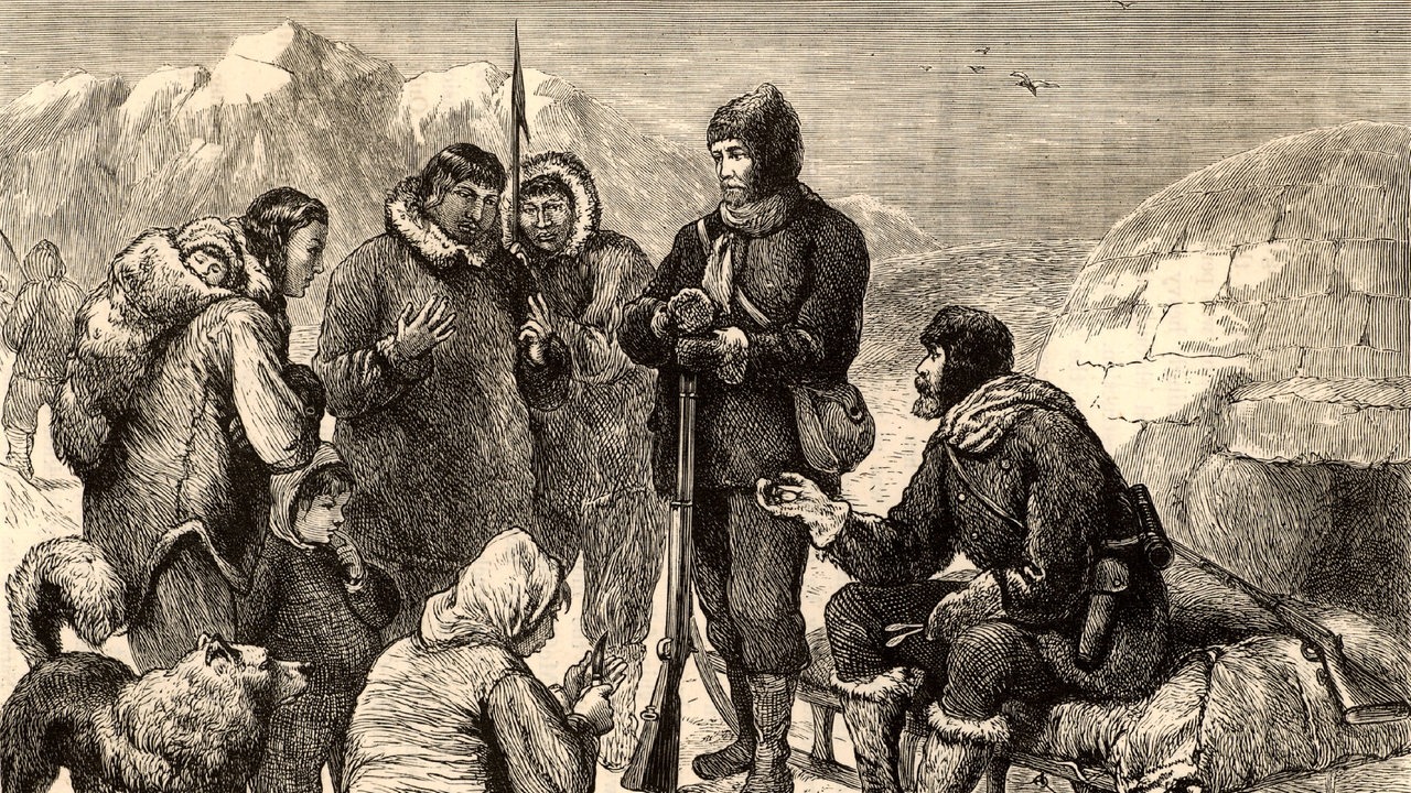 Zeitgenössicher Stich: Sir John Franklin (1786-1847) und seiner Mannschaft, die 1845 Inuit begegnen