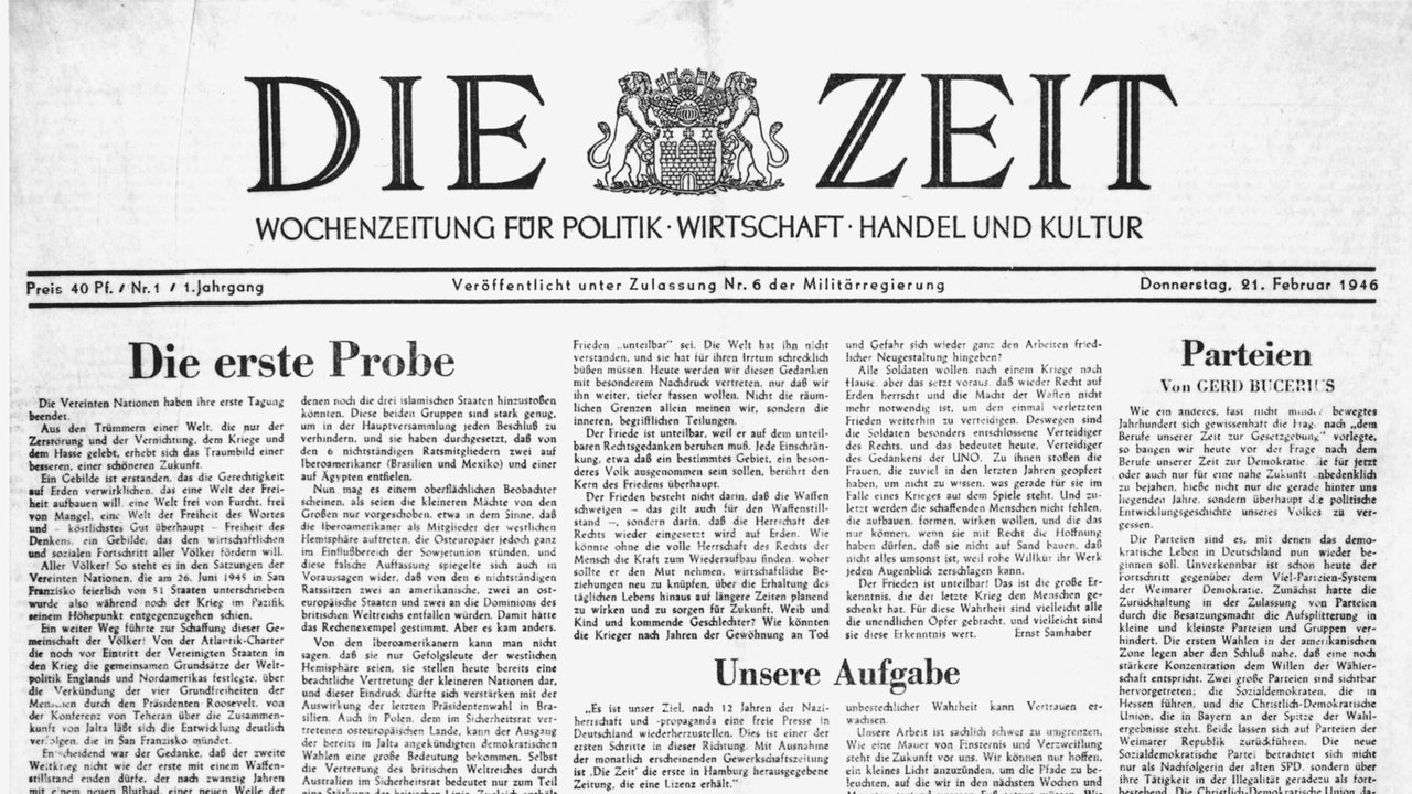 Titelseite der Erstausgabe "Die Zeit" am  21. Februar 1946 (Archivbild)
