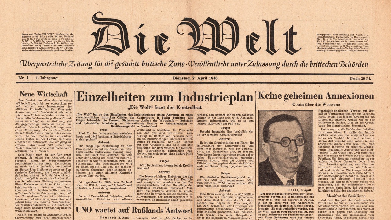 Ausschnitt der Titelseite der Erstausgabe "Die Welt" am Dienstag, dem 2. April 1946 (Archivbild)
