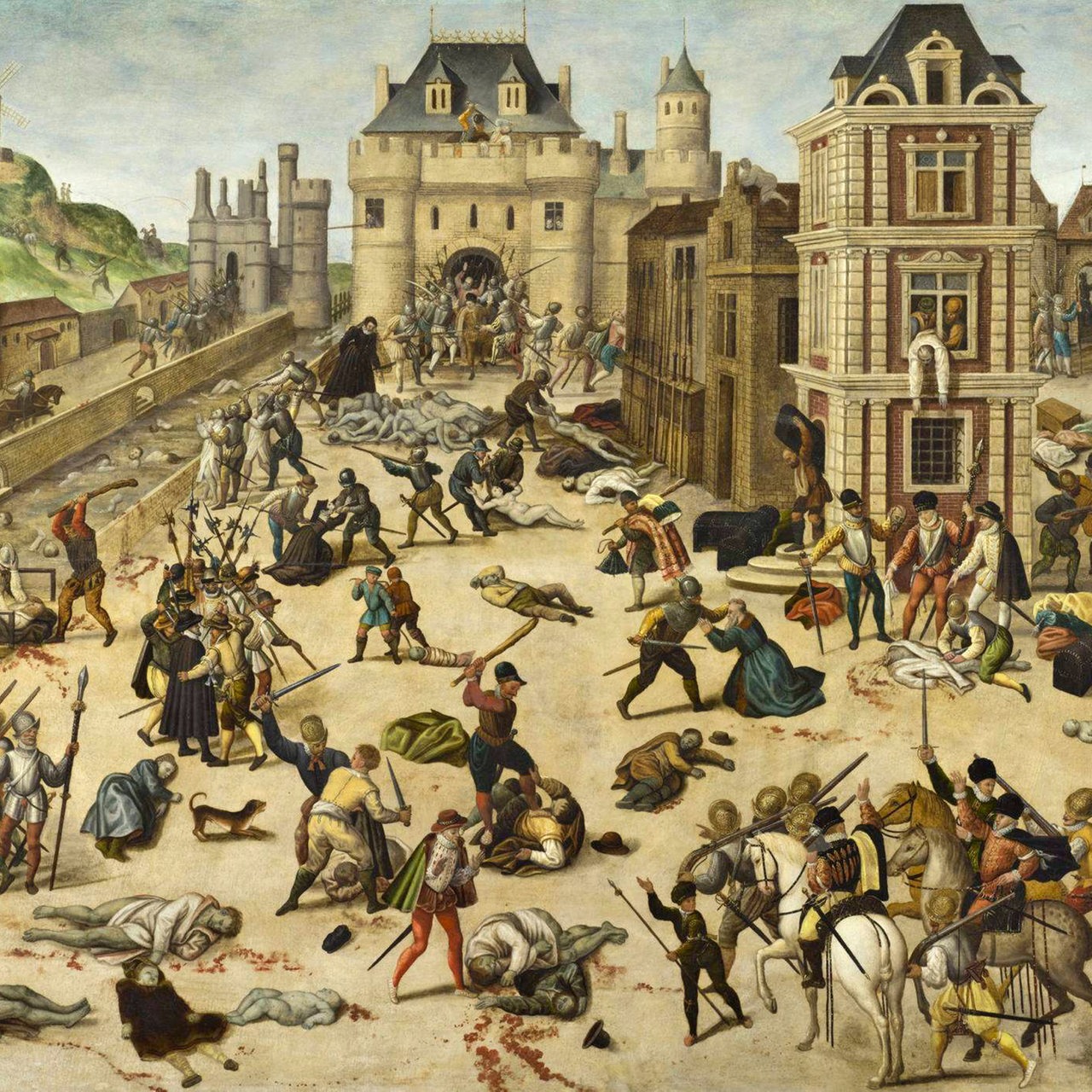 Das zeitgenössische Gemälde von Francois Dubois zeigt Paris während der Batholomäusnacht, erstellt ca. 1572