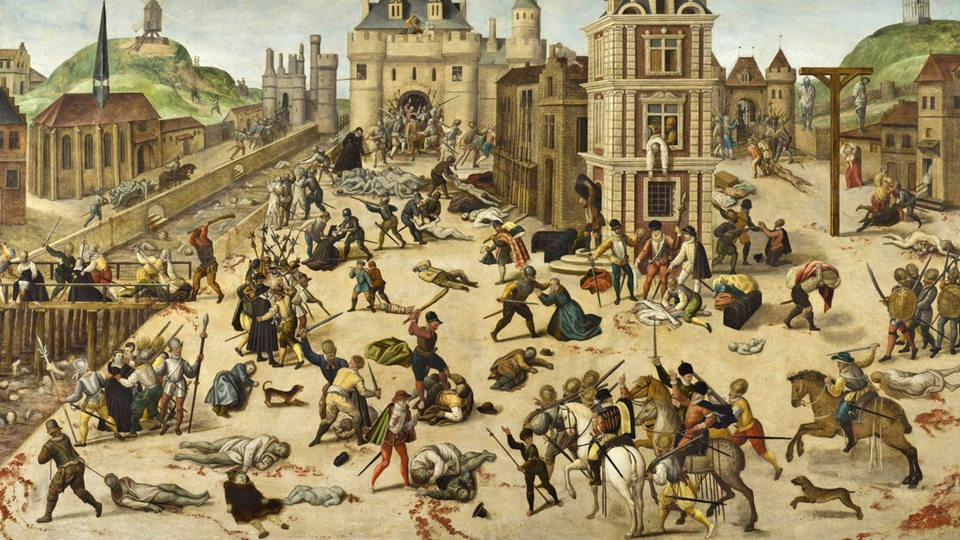 Das zeitgenössische Gemälde von Francois Dubois zeigt Paris während der Batholomäusnacht, erstellt ca. 1572