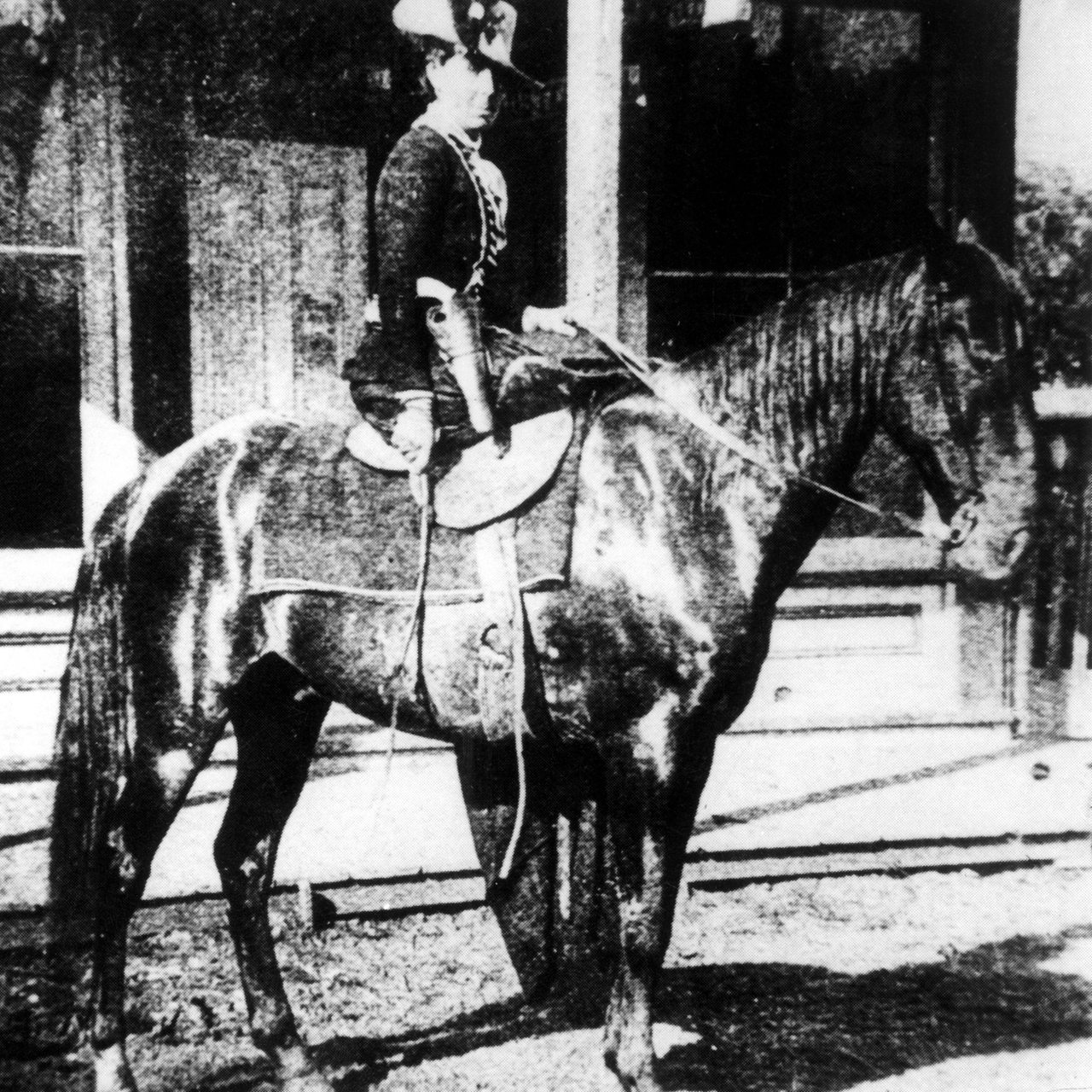 Die Banditin Belle Starr auf ihrem Pferd auf einer zeitgenössischen Fotografie