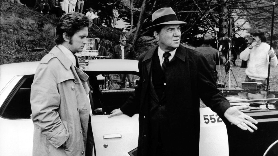 Dreharbeiten zu einer Folge der amerikanischen Fernsehserie "Die Straßen von San Francisco" mit Michael Douglas als Inspektor Steve Keller und Karl Malden als sein Vorgesetzter Detective Lt. Mike Stone am 16.9.1975