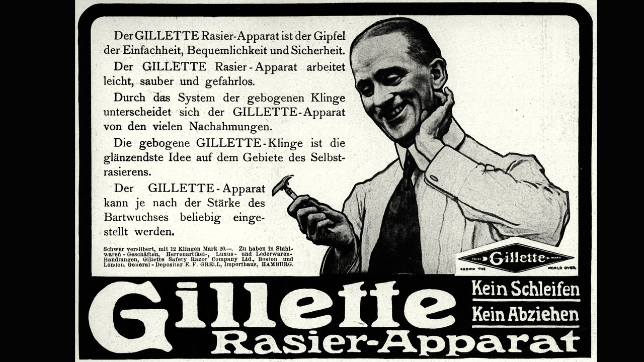 Gilette-Rasier-Apparat / Werbung 1912 Koerperpflege / Rasur: - "Kein Schleifen / Kein Abziehen / Gil- lete Rasier-Apparat".