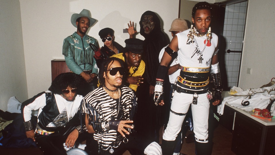 Die amerikanische Rap-Gruppe "Grandmaster Flash And The Furious Five", aufgenommen am 27. März 1984 in Frankfurt am Main.