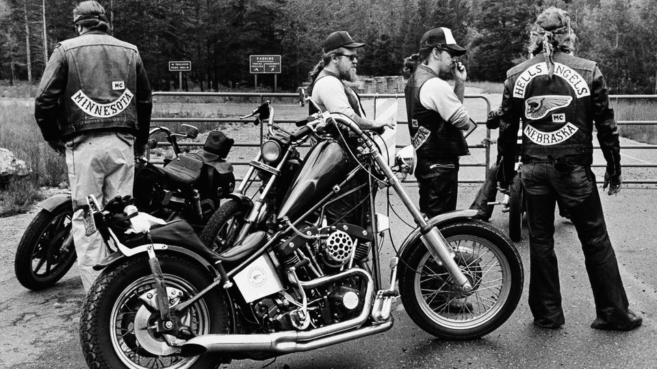 Hells Angels Mitglieder mit Motorräders aus verschiedenen Gebieten der USA. SW-Bild von 1982