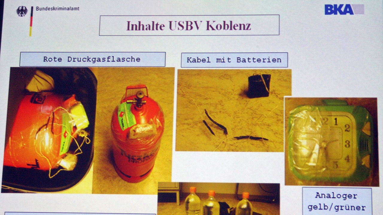 Präsentationsfolie mit den Bauteilen einer in Koblenz sichergestellten Kofferbombe (Archivbild)
