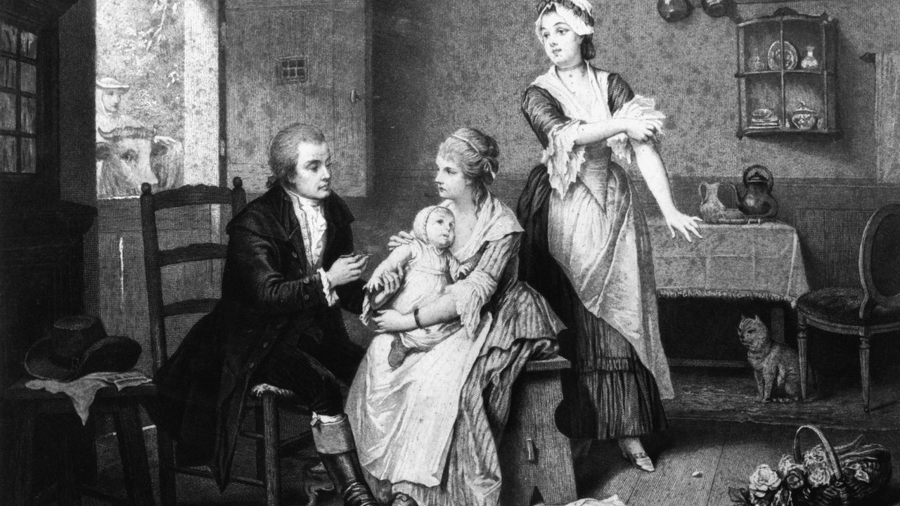 Der Holzstich zeigt "Jenners erste Pockenimpfung" 1796. Ein Arzt impft einen Säugling auf dem Arm der Mutter.