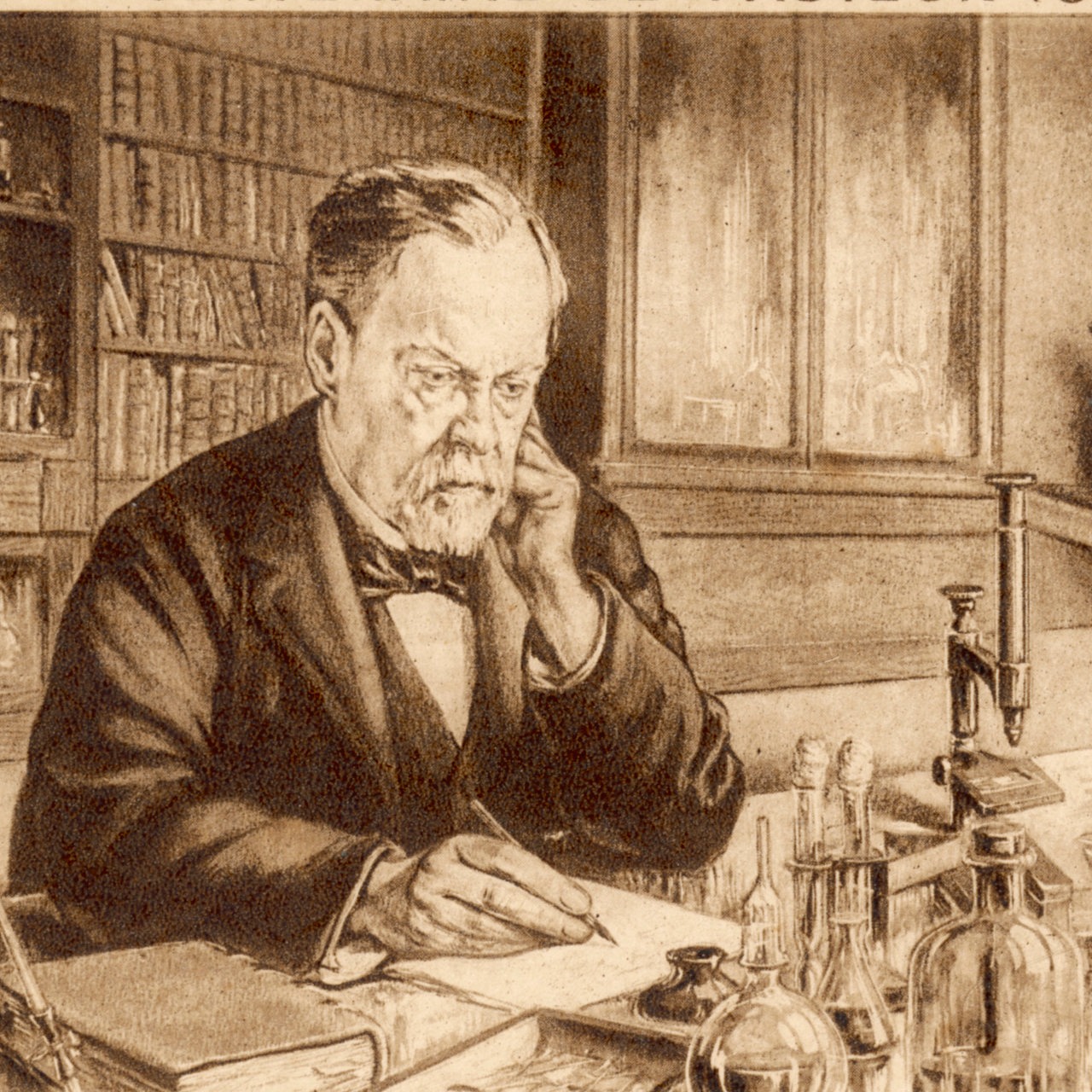 Der französische Chemiker und Mikrobiologe Louis Pasteur in seinem Labor (zeitgenössischer Stich)
