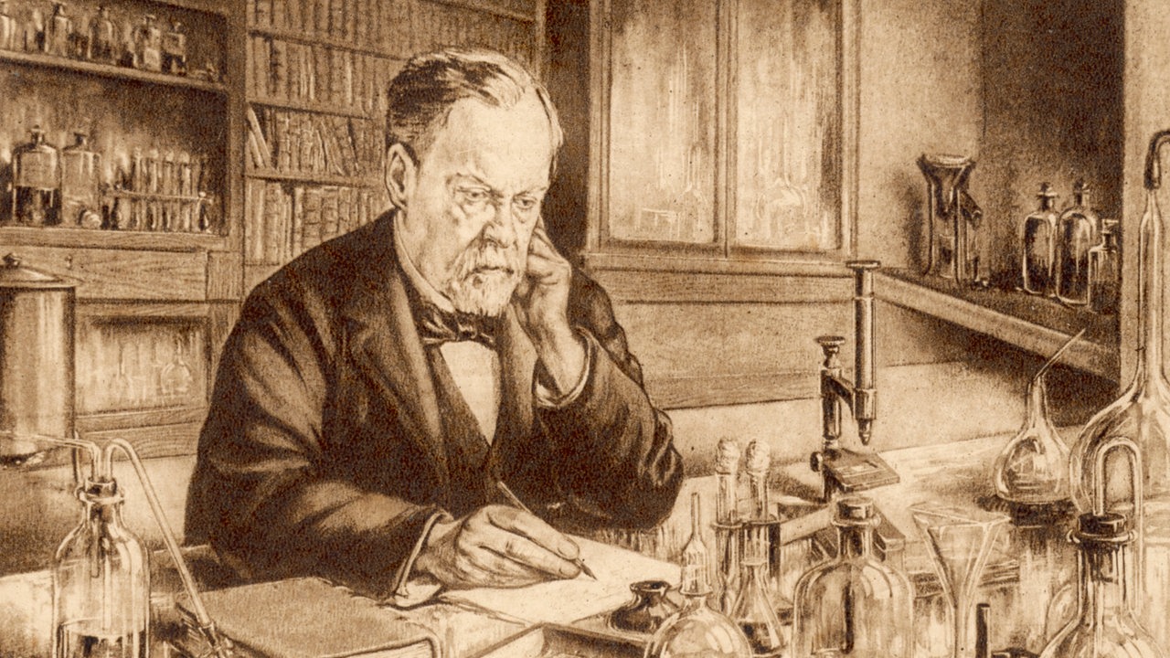 Der französische Chemiker und Mikrobiologe Louis Pasteur in seinem Labor (zeitgenössischer Stich)