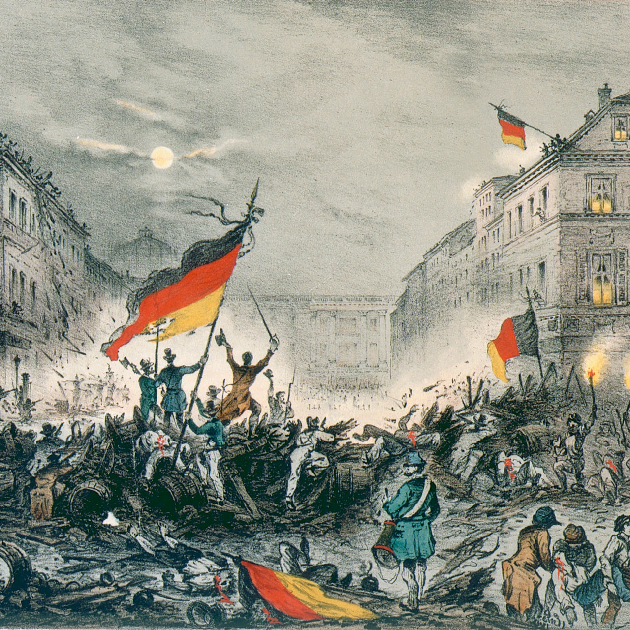 Revolution 1848 in Berlin / Kreidelitho/"Erinnerung an den Befreiungskampf in der verhängnisvollen Nacht vom 18- 19 Maerz 1848".