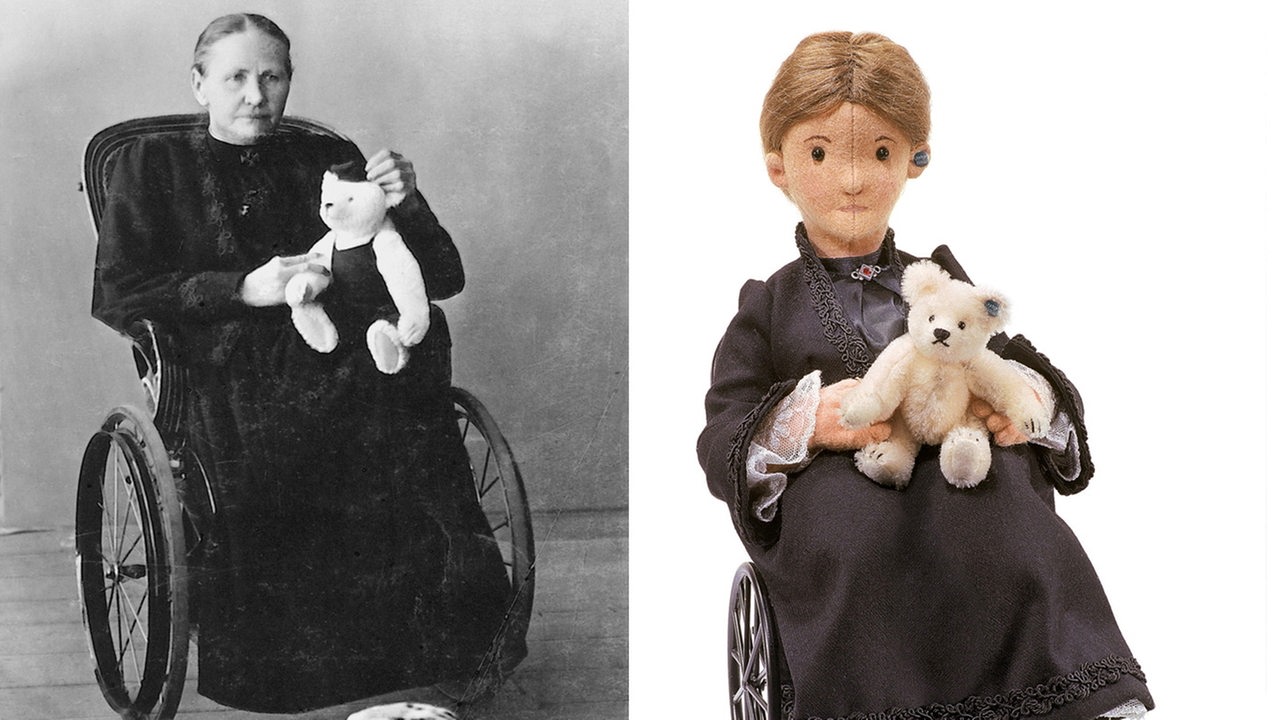 Die undatierten Handouts zeigen ein historisches Foto von Margarete Steiff sowie eine Teddybären-Edition des Stofftierhersteller Steiff zur Erinnerung an den 100. Todestag seiner Firmengründerin Margarete Steiff 