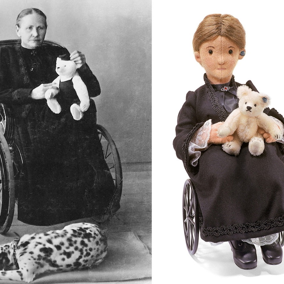 Die undatierten Handouts zeigen ein historisches Foto von Margarete Steiff sowie eine Teddybären-Edition des Stofftierhersteller Steiff zur Erinnerung an den 100. Todestag seiner Firmengründerin Margarete Steiff 