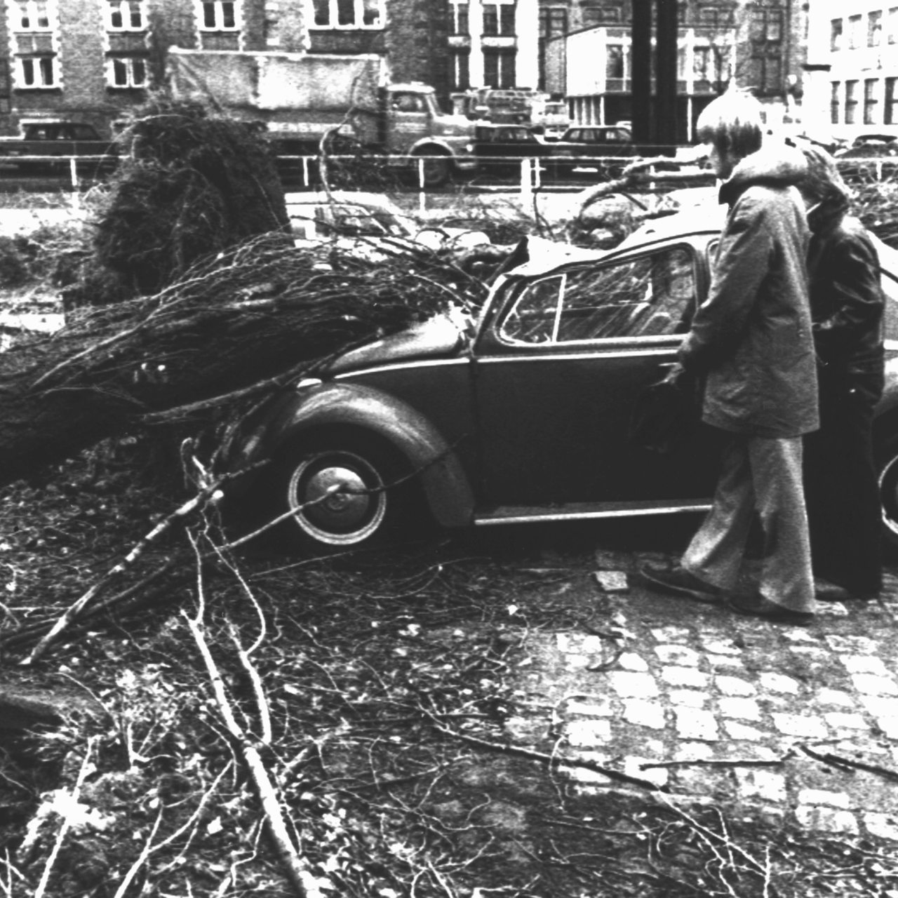 Passanten in Bremen betrachten einen entwurzelten Baum der auf ein Fahrzeug gestürzt ist. Der Orkan, der am 13.11.1972 mit Geschwindigkeiten bis zu 160km/h über Mittel- und Nordeuropa raste, hat mindestens 56 Menschen das Leben gekostet,