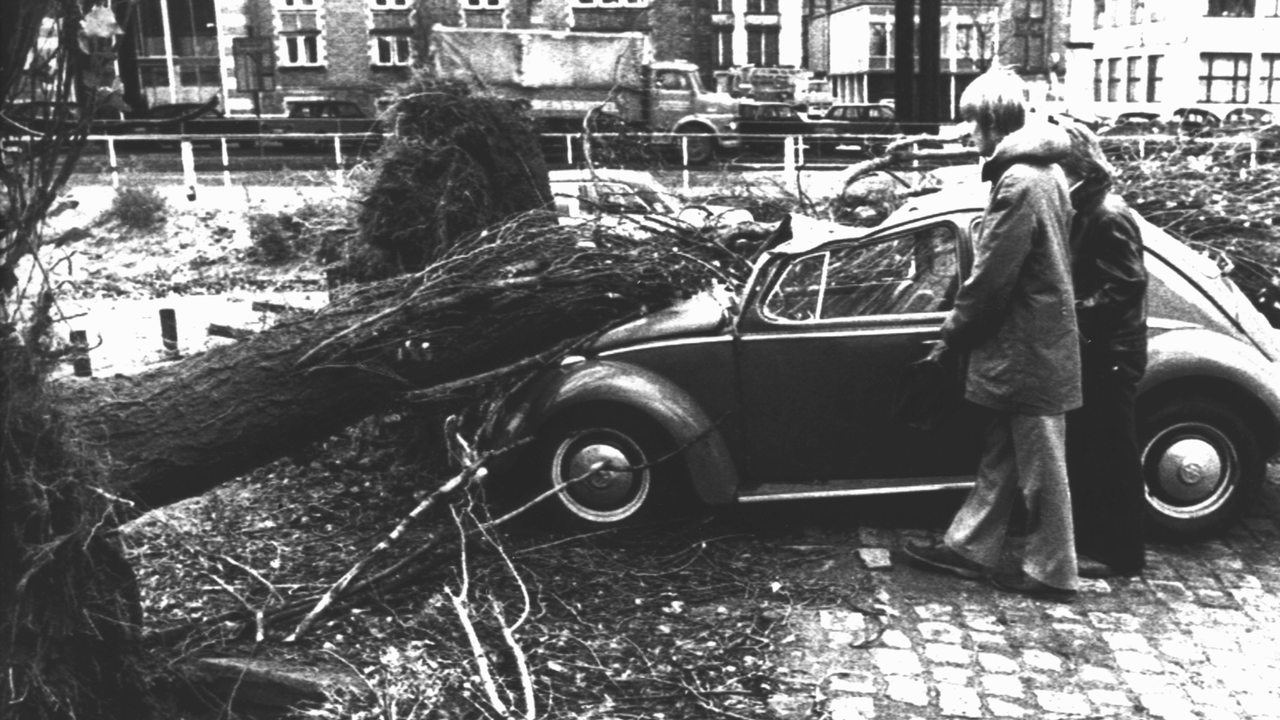 Passanten in Bremen betrachten einen entwurzelten Baum der auf ein Fahrzeug gestürzt ist. Der Orkan, der am 13.11.1972 mit Geschwindigkeiten bis zu 160km/h über Mittel- und Nordeuropa raste, hat mindestens 56 Menschen das Leben gekostet,