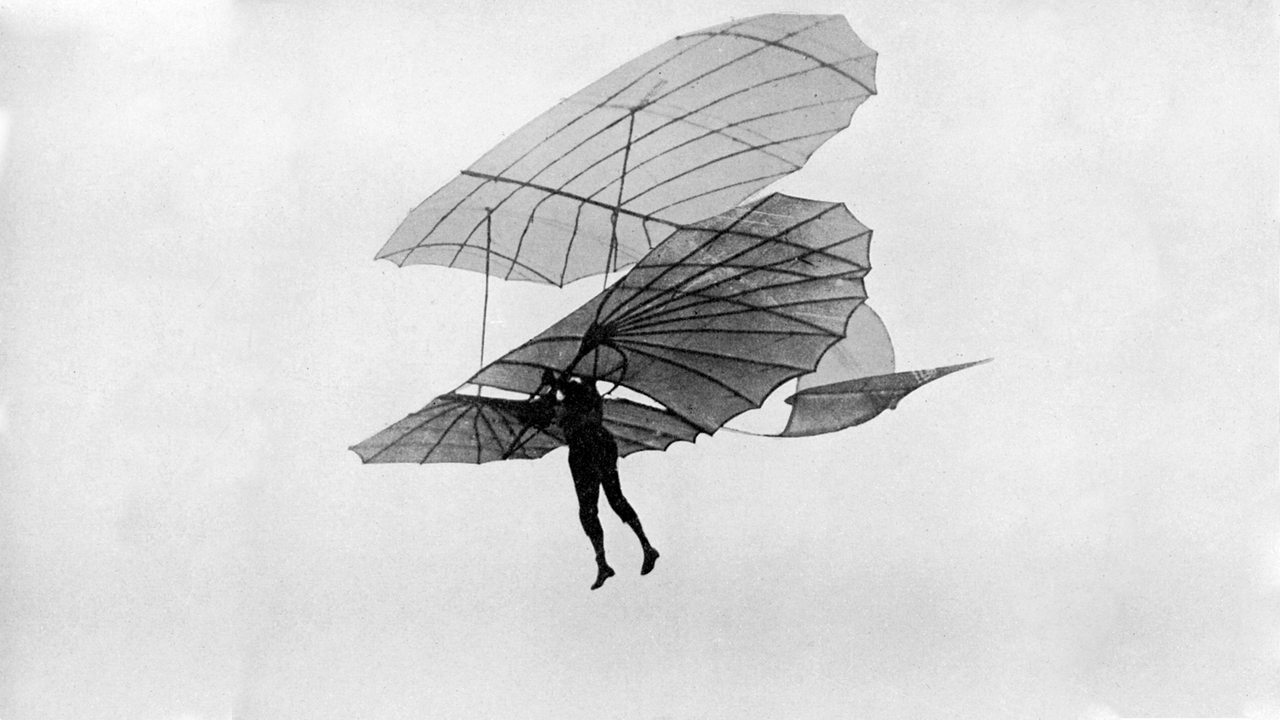 Otto Lilienthal mit einem Flugapparat am Himmel im Jahre 1896.