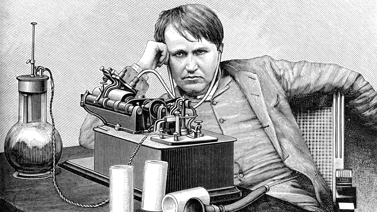Zeichnung zeigt Thomas Alva Edison während er ein englisches phonogram anhört