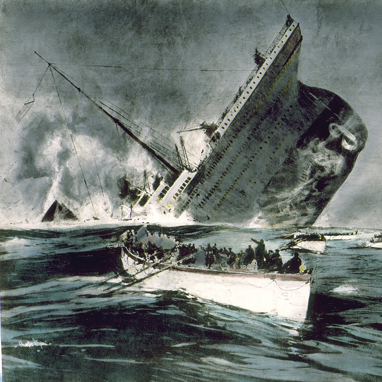 Ein zeitgenössisches Aquarell zeigt den Untergang des Schnelldampfes Titanic mit den Rettungsbooten
