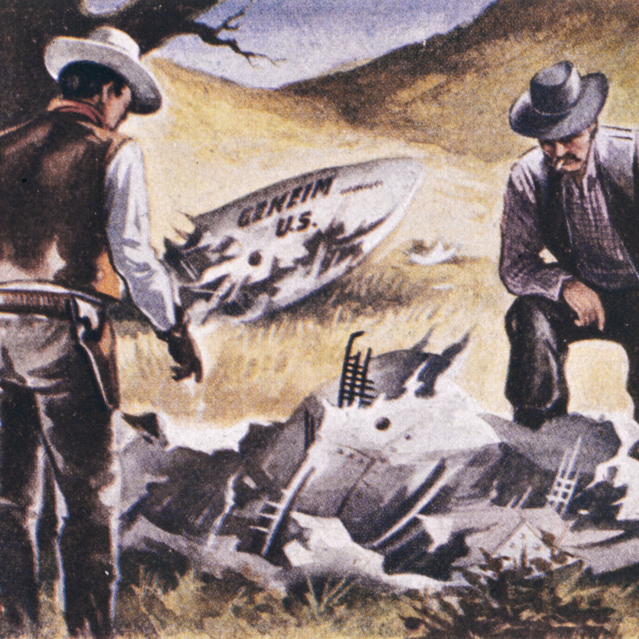 Gemälde zeigt zwei Cowboys, die einen vermeintlichen Ufo-Fund betrachten