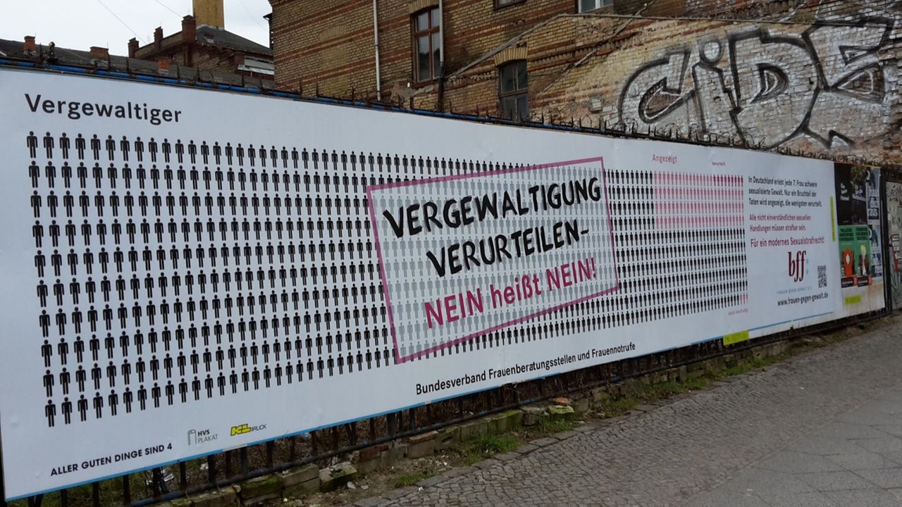 Plakat des bff 2014 (Bundesverband Frauenberatungsstellen und Frauennotrufe) mit dem Slogan: Vergewaltigung Verurteilen - Nein heißt Nein!