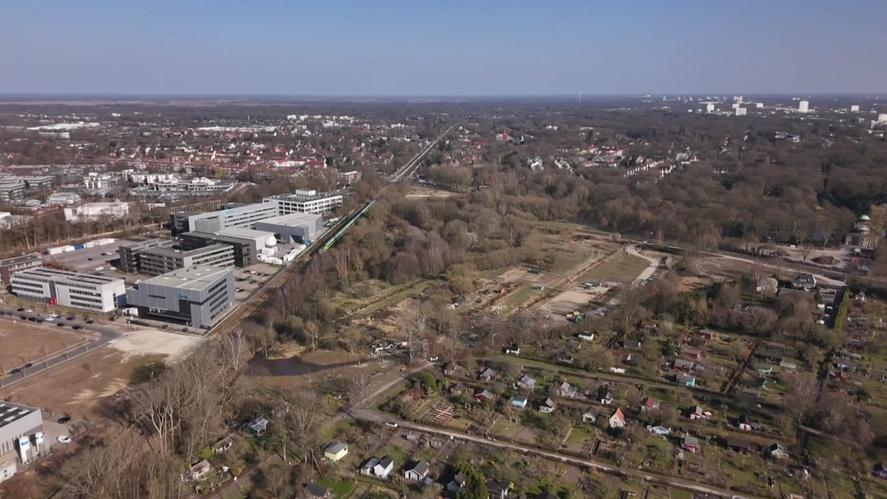 Eine Luftaufnahme des Gebiets an der Horner Spitze, links die Gebäude des Technologieparks