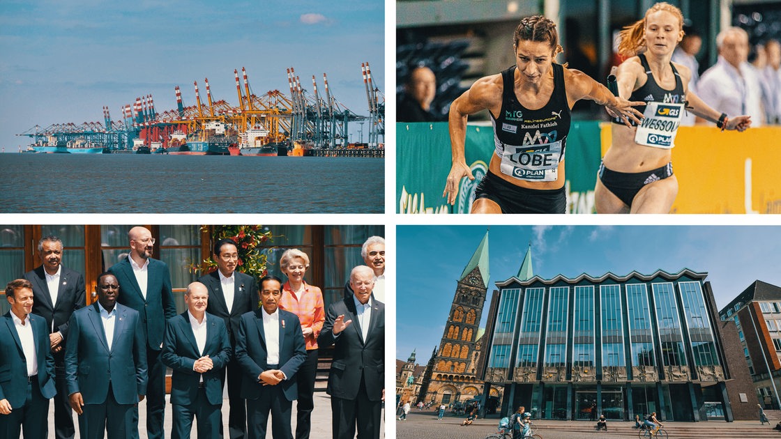 Collage: Domtürme und Haus der Bürgerschaft in Bremen, Containerterminal Bremerhaven, Merkel und Macron in Brüssel, Läuferinnen in Leipzig