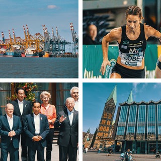 Collage: Domtürme und Haus der Bürgerschaft in Bremen, Containerterminal Bremerhaven, Merkel und Macron in Brüssel, Läuferinnen in Leipzig
