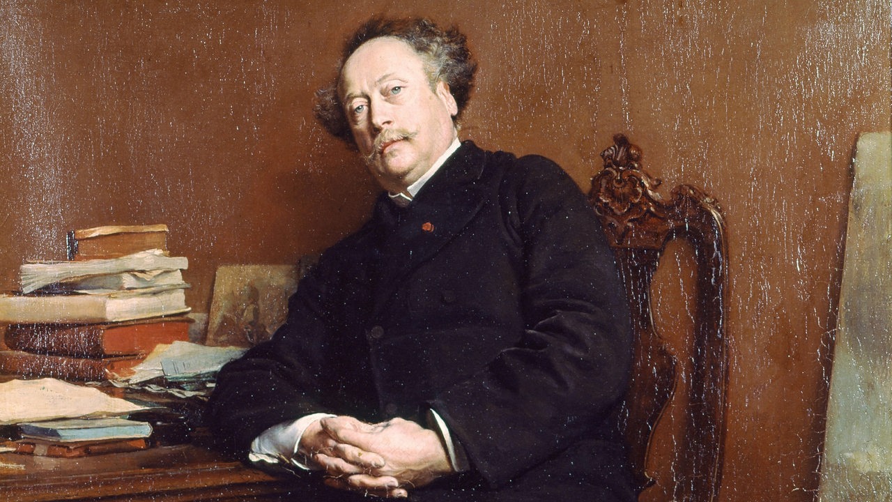 Ölgemälde von 1877 zeigt Alexandre Dumas an seinem Schreibtisch sitzend.