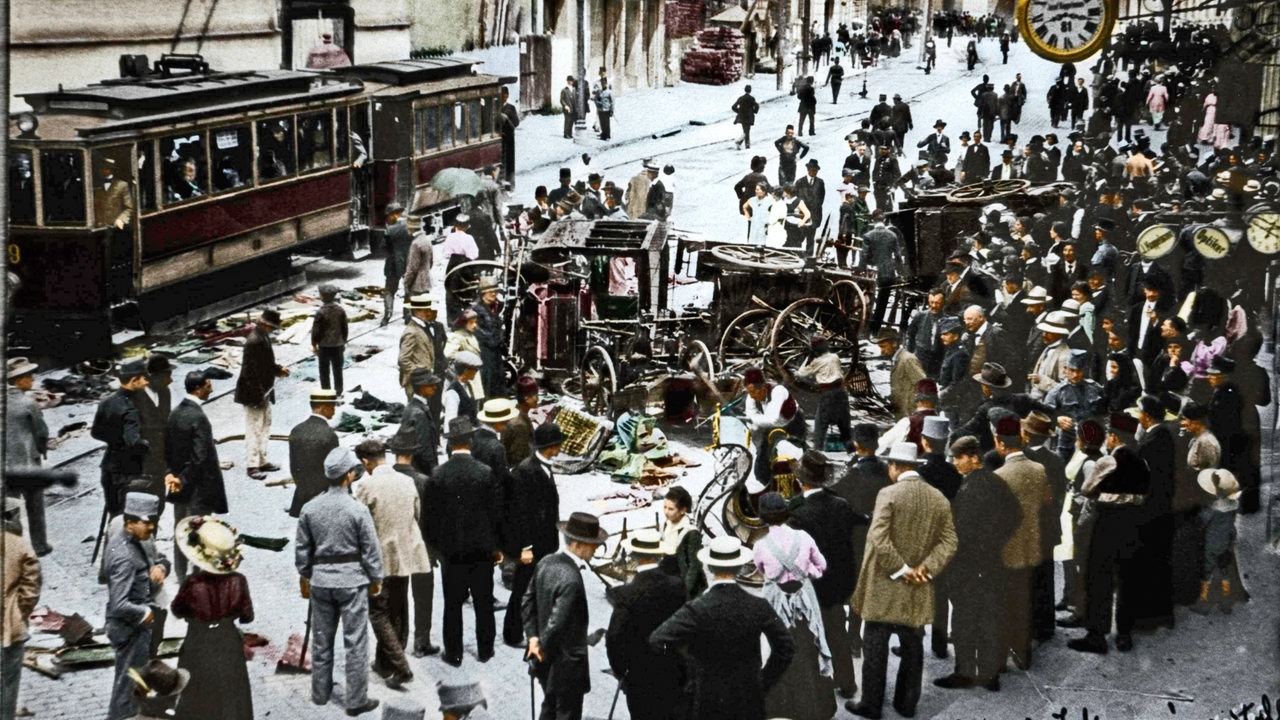 Ermordung des österr.-ungar. Thronfolger Franz Ferdinand und seiner Gattin durch Gavrilo Princip am am 28. Juni 1914 in Sarajevo. 