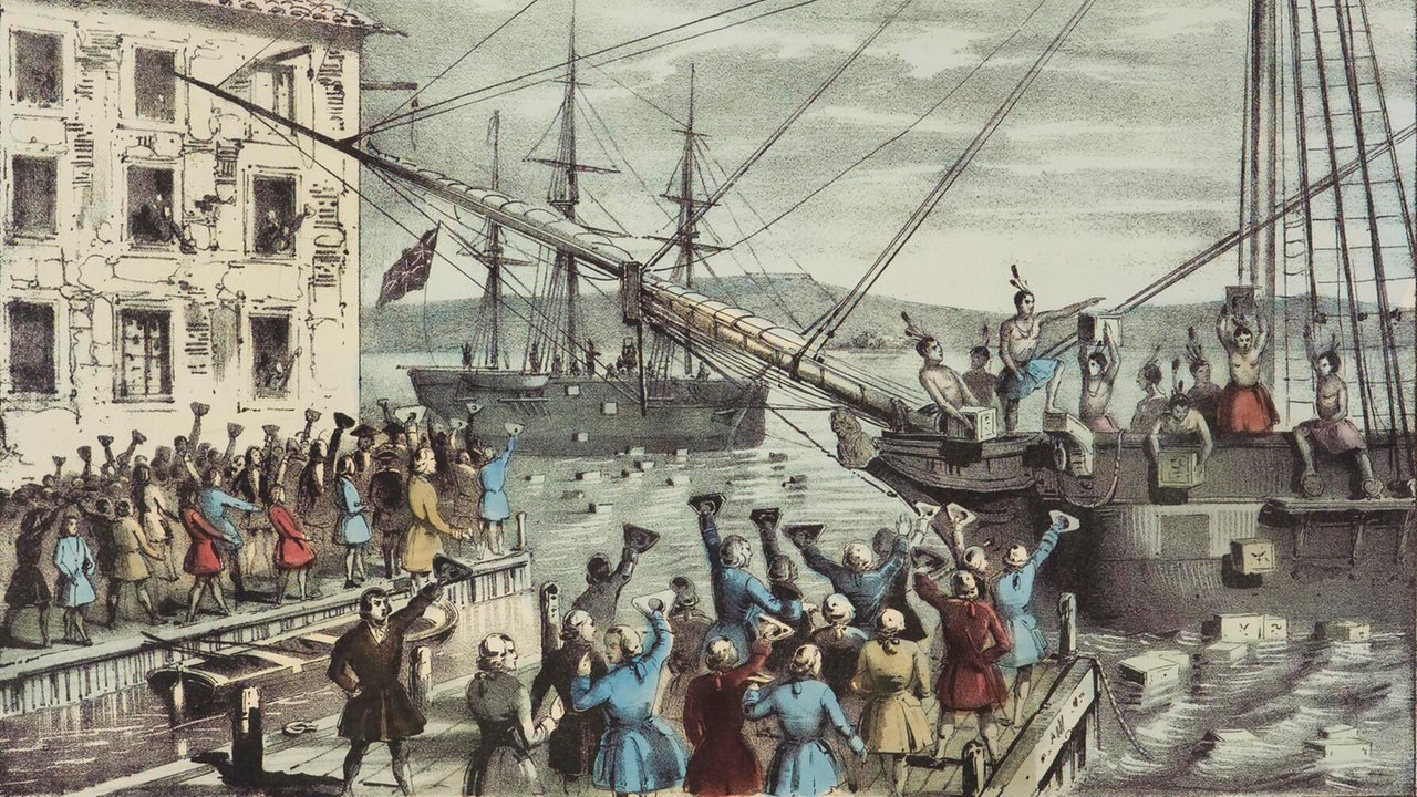 Die Lithographie aus dem Jahr 1846 zeigt den Widerstand der Bostoner Bürger gegen die britische Kolonialpolitik am 16.12.1773