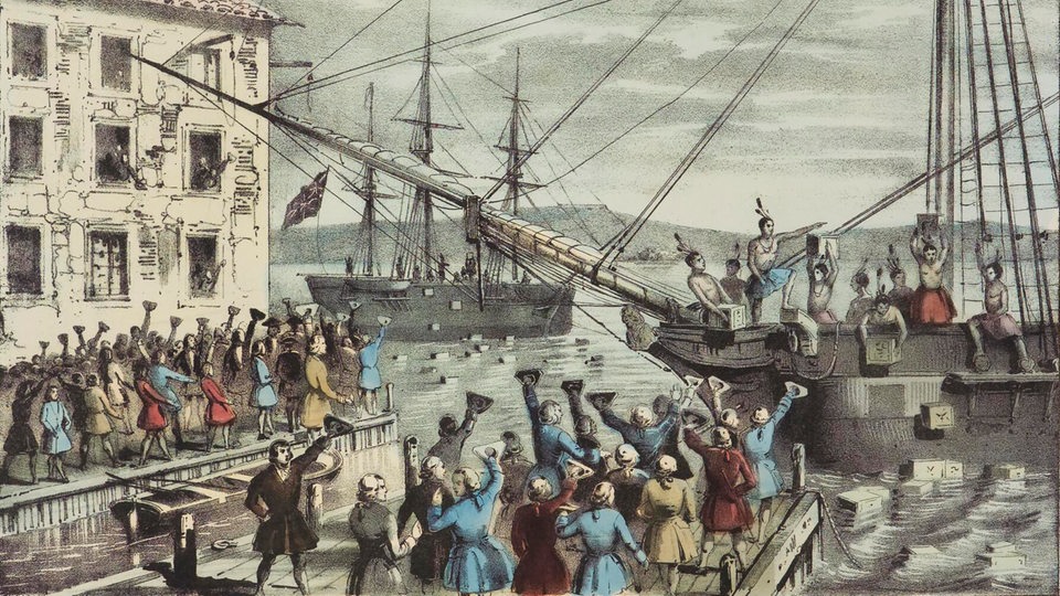 Die Lithographie aus dem Jahr 1846 zeigt den Widerstand der Bostoner Bürger gegen die britische Kolonialpolitik am 16.12.1773