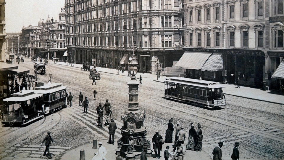Cable Cars vor dem Palace Hotel in San Francisco circa 1887