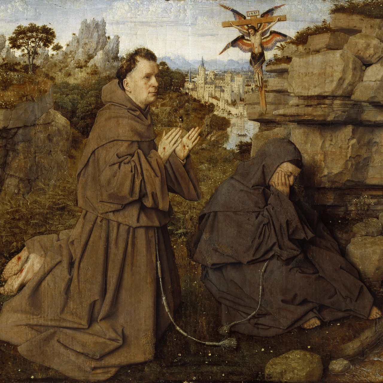 Gemälde von Jan van Eyck zeigt den Heiligen Franziskus von Assisi als er die Wundmale von Jesus erhält. Um 1430