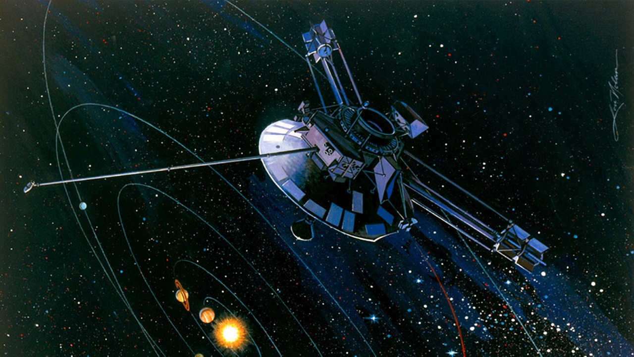 Grafische Illustration der Raumsonde Pioneer 10 außerhalb unseres Sonnensystems