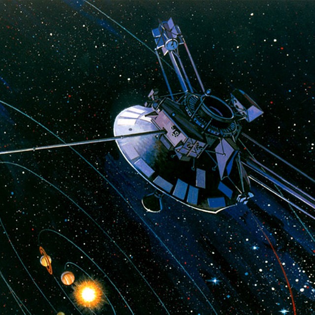Grafische Illustration der Raumsonde Pioneer 10 außerhalb unseres Sonnensystems