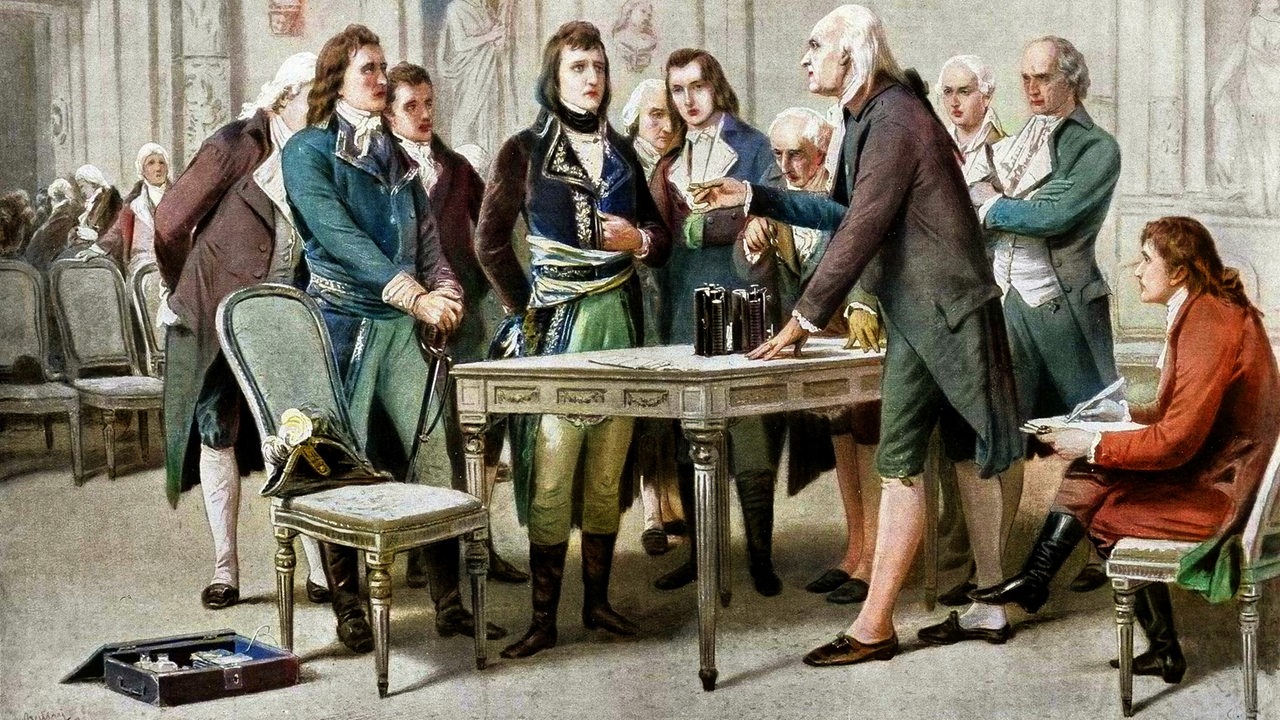 Der italienische Physiker Alexander Volta stellt 1800 vor den Mitgliedern der Academie des Sciences in Paris die Funktionsweise der elektrischen Batterie vor.