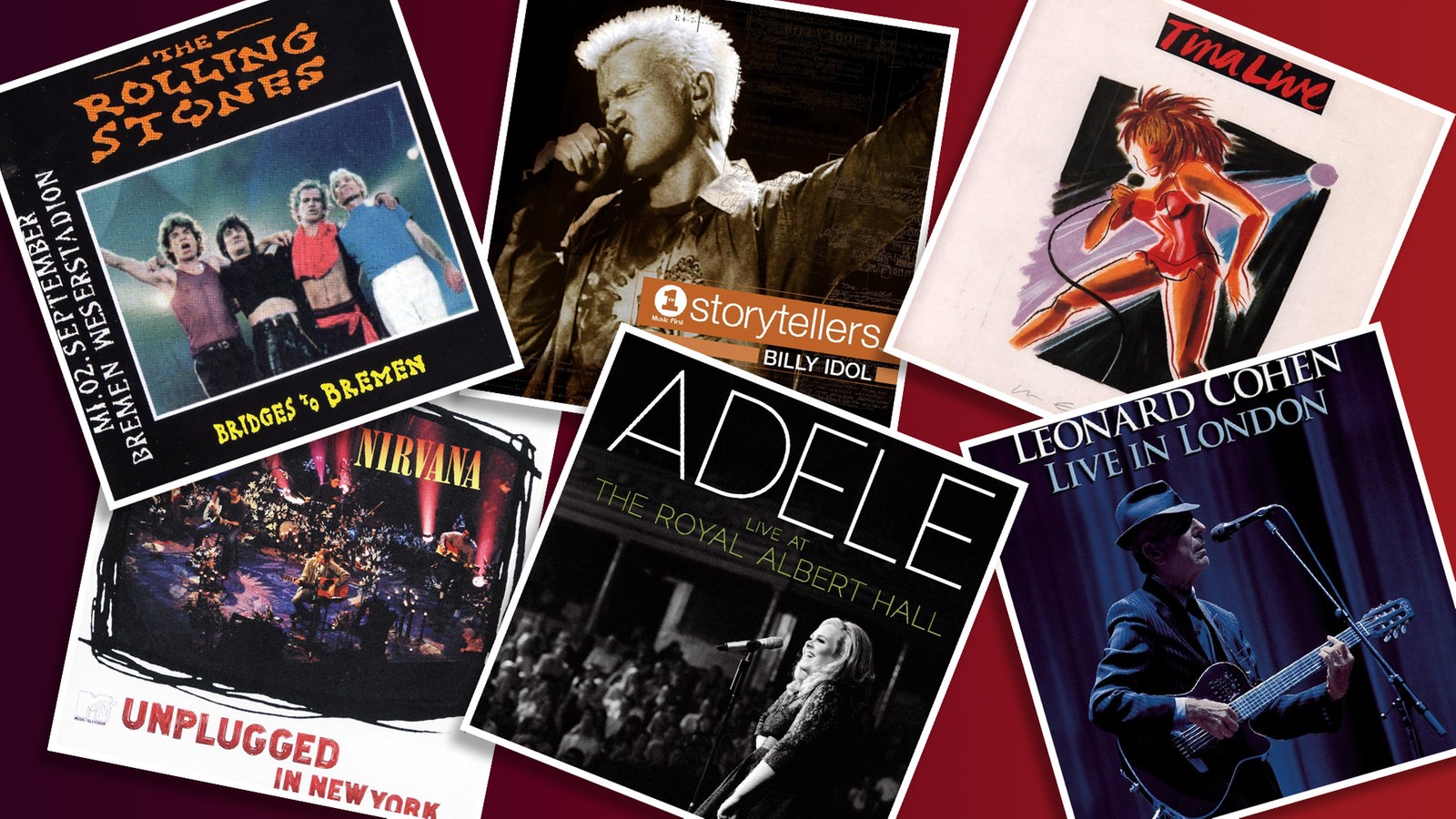 Collage zeigt 6 Plattencover: Leonard Cohen, Billy Idol, Tina Turner, Rolling Stones, Adele und Nirvana
