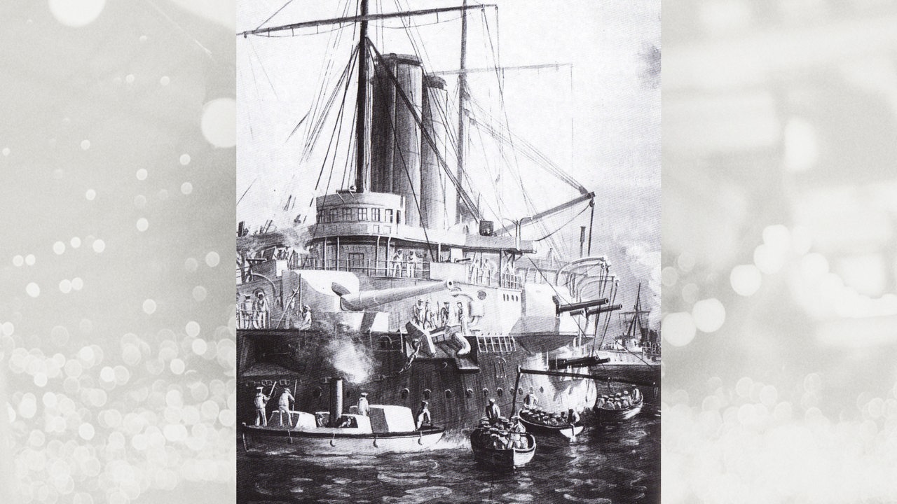 Die HMS St George und HMS Philomel im Hafen von Sansibar 1896, Zeichnung