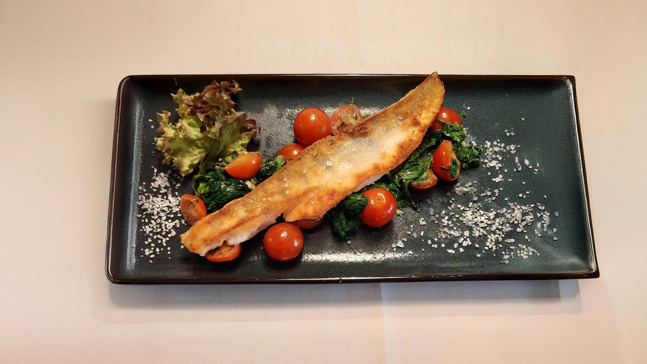 Zanderfilet auf einem Teller angerichtet mit Tomaten und Salat