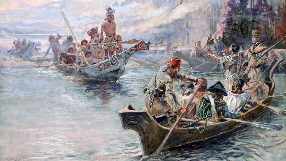 Das Gemälde zeigt die Forscher Lewis und Clark auf Booten zusammen mit der indigenen Bevölkerung bei der ersten Expedition 1804 bis 1806 zur Pazifikküste der USA.
